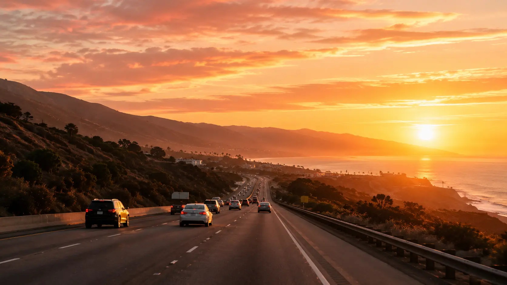 California highway at sunset with warm golden light